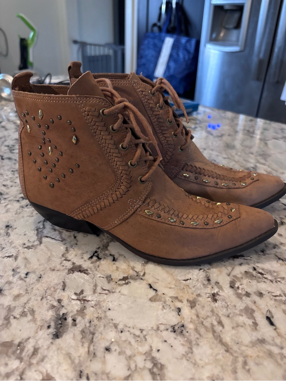 Women's Studded Suede Lace-Up Ankle Booties - Tan